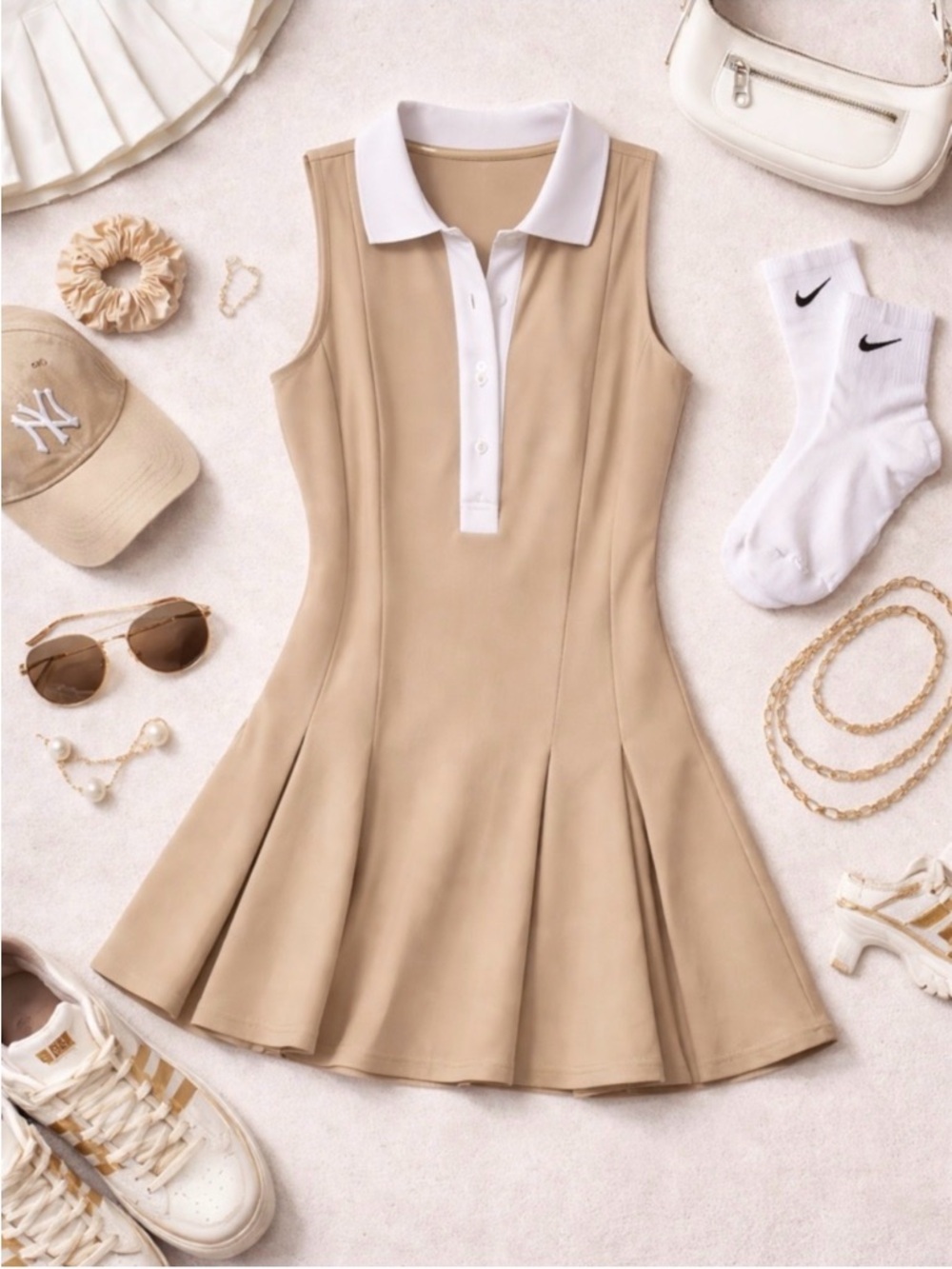 CALLIA NWT Sleeveless Collared Preppy Tennis Golf Contrast Dress Tan White S